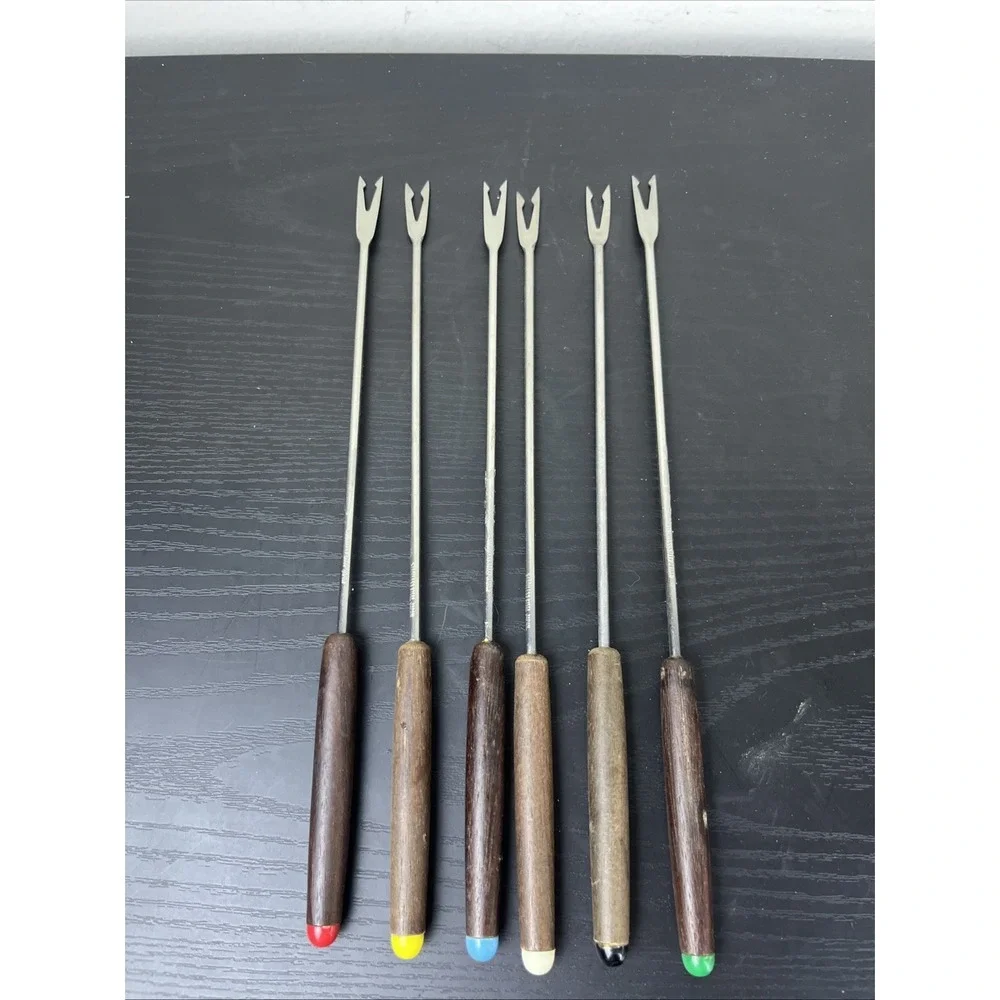 Vintage Fondue Forks Set of 6 Wood Handle Stainless‎ Mid Century Modern